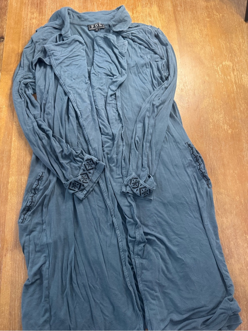 POL Slate Blue Long-Sleeve Open Front Maxi Cardigan Dress